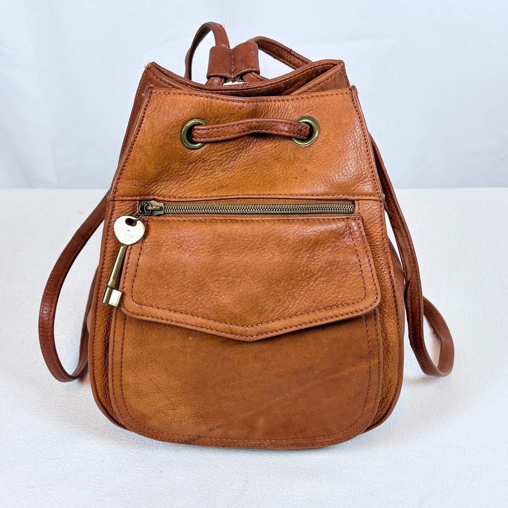 Fossil Vtg Y2K 90s  Brown Leather Drawstring Backpack Handcrafted Bag 75082 Key